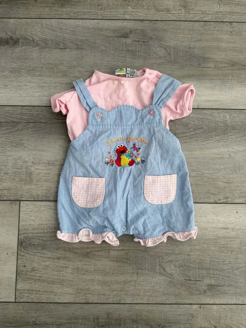 Vintage 90s Sesame Street Elmo's Garden Overalls Size 3/6M Blue Pink Romper Set